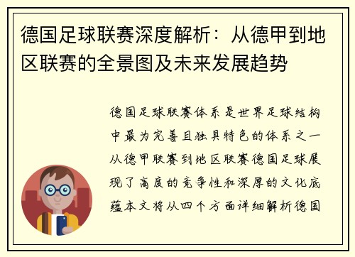 德国足球联赛深度解析：从德甲到地区联赛的全景图及未来发展趋势