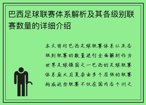 巴西足球联赛体系解析及其各级别联赛数量的详细介绍
