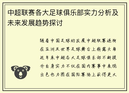 中超联赛各大足球俱乐部实力分析及未来发展趋势探讨