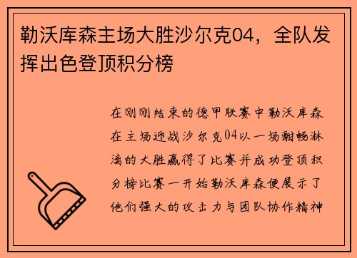 勒沃库森主场大胜沙尔克04，全队发挥出色登顶积分榜